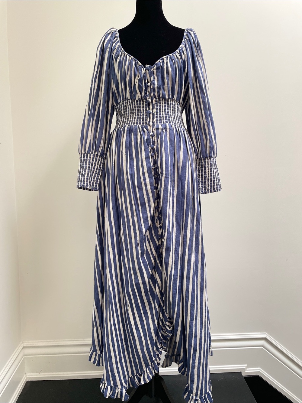 By Anthropologie Blue White Striped Smocked Waist Maxi Dress M